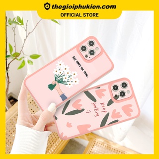 Ốp iphone - Ốp lưng iphone cạnh vuông hoa lá nền hồng dành cho ip 6 đến 14promax - ng238