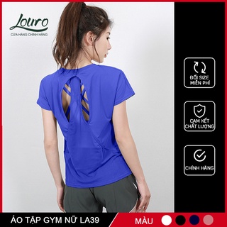 Áo thun tập gym, yoga nữ phom rộng Louro LA39, kiểu áo tập gym nữ tay ngắn phối lưới, chất liệu thoáng mát, co giãn
