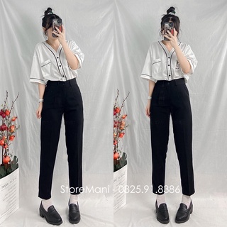 Quần tây baggy nữ cạp cao ống suông dáng đứng màu xanh đen vải mưa dày dặn mặc đi học sinh cấp 2 3 làm công sở đều đẹp