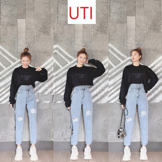 [ VÈO VÈO ] QUẦN BAGGY JEAN NỮ LƯNG CAO LƯNG XẺ ĐĨA CHÉO RÁCH 2 GỐI TO MÀU XANH NHẠT LAI CUỐN CAO CẤP UTI ĐỦ SIZE