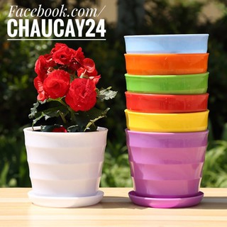 Chậu cây cảnh (KÈM DĨA) lượn sóng bằng nhựa cho cây cảnh trang trí, cây hoa kiểng, cây văn phòng