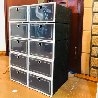 Combo 10 Hộp Đựng Giày Đen Hoa Văn Lắp Ráp, Tủ Để Giày Dép Nhựa Cứng Cao Cấp Chịu Lực Cao