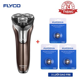 Combo Máy Cạo Râu Flyco FS379VN 3 Lưỡi Kép Kháng Nước Sạc Nhanh 1 Giờ &amp; 3 Lưỡi FR8VN -Chính Hãng
