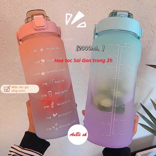 Bình nước 2 lít tặng Sticker dành cho người lười uống nước Fan House bình nước cute 2L có ống hút, vạch chia nhắc giờ