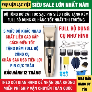 Tông Đơ Cắt Tóc Full Bộ Loại Mới Tặng Kèm Kéo, Áo Choàng, 4 Đầu Kích Cỡ Khác Nhau Bảo Hành 12 Tháng