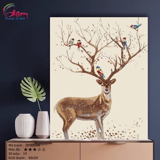 Tranh tô màu theo số sơn dầu số hóa tự vẽ DV4004B Hươu và bầy chim Tranh hươu lộc cầu may mắn