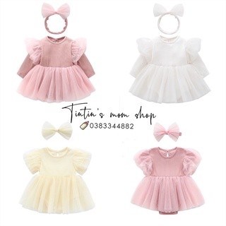 Set váy công chúa tay bồng kèm nơ cho bé thôi nôi (Màu vàng/ nâu)