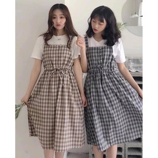 Sét Váy Yếm Kẻ Kèm Áo Thun Rút Eo Siêu Xinh