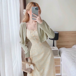 Set váy 2 dây hoa nhí mix áo khoác ngoài mongtoghi 2 món TH327
