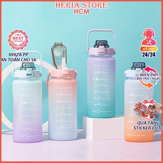 Bình nước nhựa cute 2 lít có ống hút, bình đựng nước dễ thương có vạch nhắc giờ uống nước HERIA HCM
