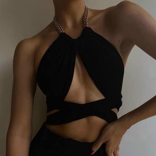 Áo Cổ Yếm Croptop Ngắn Kiểu Dây Xích Đắp Chéo Xéo Ngực Đen Vàng Nude Xanh Nâu DRAYEM05