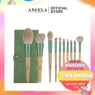 Bộ cọ trang điểm MSQ màu xanh lá + bông mút tán kem nền + theo túi da tiện lợi