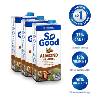 3 hộp sữa hạnh nhân nguyên chất, hương sô cô la và vani So Good Úc 1L, calo thấp, phù hợp mẹ bầu