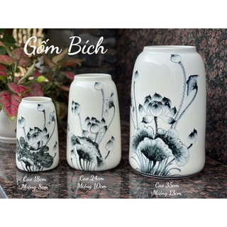 Bình Hoa Lọ Hoa Dáng Lọ Hũ Vẽ Sen Bụi Men Kem - Gốm Sứ Bát Tràng