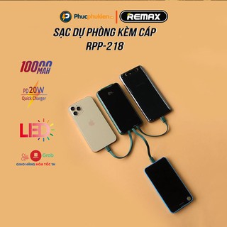 Sạc dự phòng 10000mah Remax RPP 218 tích hợp 3 cáp sạc lightning, Type C và micro hỗ trợ sạc nhanh 2 chiều