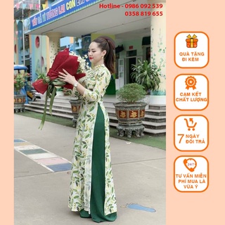 Bộ áo dài truyền thống may sẵn họa tiết lá thu (màu vàng-màu cam)