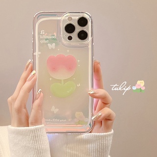 Ốp Điện Thoại Trong Suốt Màu Laser Hình Hoa Tulip Hồng Cho Iphone 11 8 7 Plus SE2 XS XR 12 13 Mini PRO MAX