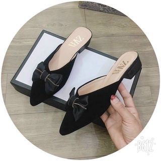 Giày sục nỉ nhung mềm mũi nhọn nơ ren đế thấp 2P
