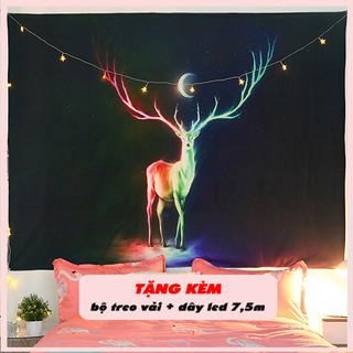 Tranh vải treo tường trang trí phòng ngủ, thảm treo tường decor hình nai 3d ( Tặng bộ treo và dây led)