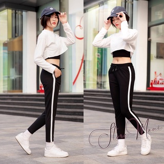 Quần thể thao nữ dáng baggy 1 viền kẻ sọc trắng có túi dây rút cạp chun co giãn chất vải umi dày màu đen mặc đi học