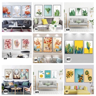 [CAO CẤP HCM] Bộ 3 Tranh KIM TUYẾN kèm khung gỗ Canvas Treo Tường Phòng khách/ngủ Tropical cây hoa hồng lá nhiệt đớ