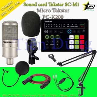 Combo mic thu âm takstar PC K200 và sound card SC M1 đi với chân màng dây livestream MA2 bộ đầy đủ