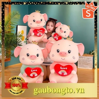 Gấu bông Heo ôm tim , gối ôm hình thú nhồi bông Heo vương miện ôm Tim dễ thương, mềm mịn co giãn 4 chiều
