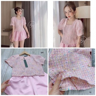 ÁO DẠ HỒNG KIM TUYẾN NƠ KÈM QUẦN ĐÙI LỤA [NHÀ CỦA MÉO STORE]