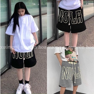 Quần lửng đùi in chữ NoLa form dáng rộng unisex nam nữ mặc được 2 màu đen xám basic xưởng sỉ nguyễn hoa