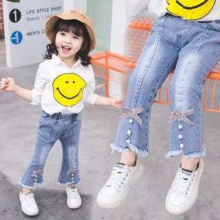 (QB33) Quần Jean Cho Bé Gái - Ống Quần Đính Ngọc Trai Kèm Nơ Xinh Xắn - Hàng Quảng Châu Cao Cấp
