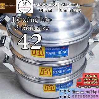 [CHÍNH HÃNG] Bộ xửng hấp 3 tầng size 42 nhôm Mạnh Hùng chuyên hấp bánh bao/hải sản/rau củ