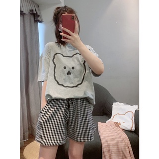 Bộ Đồ Ngủ Cotton Áo Phông Gấu Mix Quần Short Kẻ Caro Chất Mềm Mát