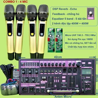 Mạch loa kéo 2 kênh 200W + 200W chống hú kèm Micro UHF pin 18650 chống hú Equalizer 5 Band loa kéo 4 tấc đôi, 5 tấc đôi