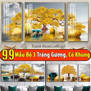 Bộ 3 Bức Tranh Trang Treo Tường Hưu Và Cây Lộc Vàng Phú Quý Phát Lộc Phát Tài/ Tranh Tráng Gương