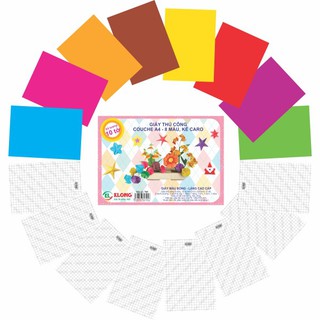 Giấy thủ công Couche A4 8 màu kẻ caro Klong 705