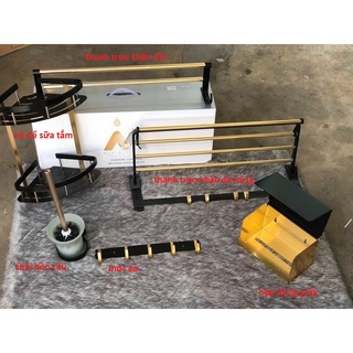 Combo 6 món phụ kiện nhà tắm bằng nhôm phủ nano mạ vàng, sáng đẹp, sang trọng, sạch sẽ, tiện nghi