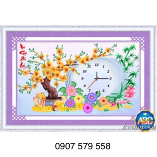 Tranh đính đá đồng hồ hoa mai, kt : 70 x 45cm
