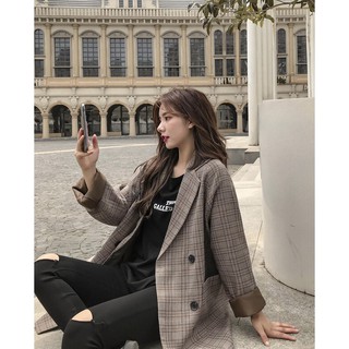 [Ảnh thật] Áo blazer kẻ nâu caro 2 lớp túi nắp dáng rộng ulzzang