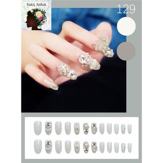 Bộ 24 móng tay giả Nail Nina trang trí nghệ thuật hoạ tiết đèn chiếu Laser bạc mã Z-129【Tặng kèm dụng cụ lắp】