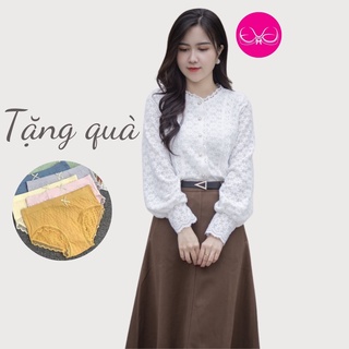 Áo ren nữ kiểu cổ tròn tay dài họa tiết hoa ren nổi, thương hiệu evalover