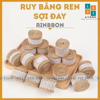 Ruy băng vải bố có ren trắng DIY trang trí, handmade, tiệc cưới, Giáng sinh làm từ sợi đay, ribbon Decor.