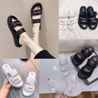 Có sẵn Dép quai ngang thêu chỉ đính khoá chanl xinh đế 3cm
