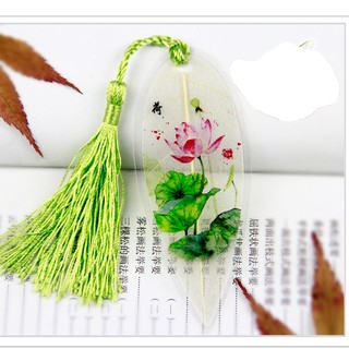 Bookmark gân lá hồng sen ép mỏng tua rua hoa sen đánh dấu trang sách cổ trang