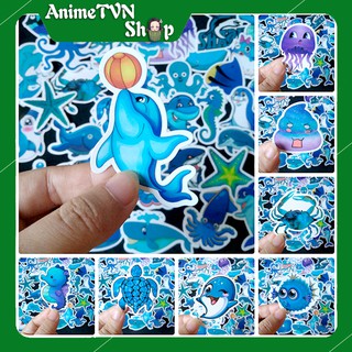 Miếng dán Sticker chủ đề màu xanh đại dương biển cả - trọn bộ 50 hình - In rõ ràng sắc nét khó tróc
