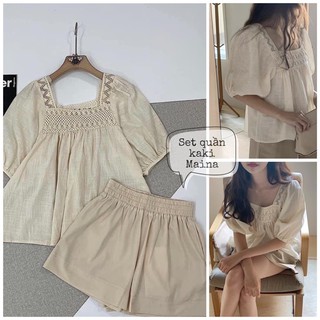 Set áo đũi babydoll cổ vuông ren + quần kaki Maina