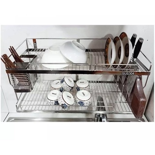 Kệ chén bát 2 tầng đa năng kèm đựng đũa,máng iao thớt inox 304 (đủ size) đa năng treo tường 2 tầng-KC04