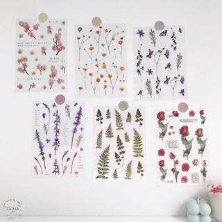 Sticker hoa lá trong suốt aesthetics vintage, dương xỉ, hoa hồng, hoa cúc, nhãn dán retro trang trí sổ bullet journal