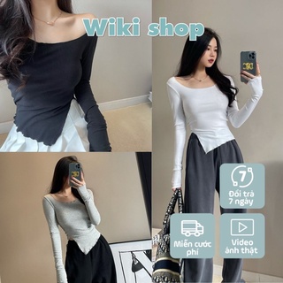 Áo croptop dài tay nữ xẻ vạt Wikishop màu đen trắng ghi freesize form ôm sexy thun co giãn phong cách hàn quốc C497