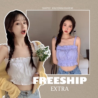 A015 Áo 2 dây nhún ngực viền bèo tiểu thư cute sexy croptop ôm body trắng tím, áo crt hai dây ba lỗ bánh bèo Ulzzang