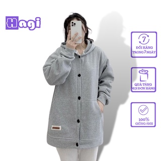 Áo khoác nỉ bông hoodie dáng dài phối nút Ulzzang Unisex